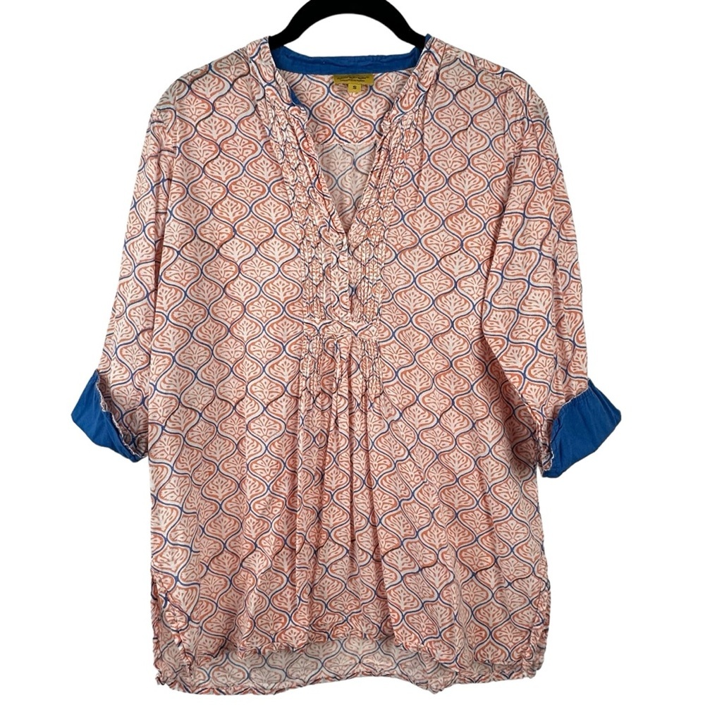 ROBERTA ROLLER RABBIT Small 100% Cotton Orange White & Blue Printed VNeck Blouse